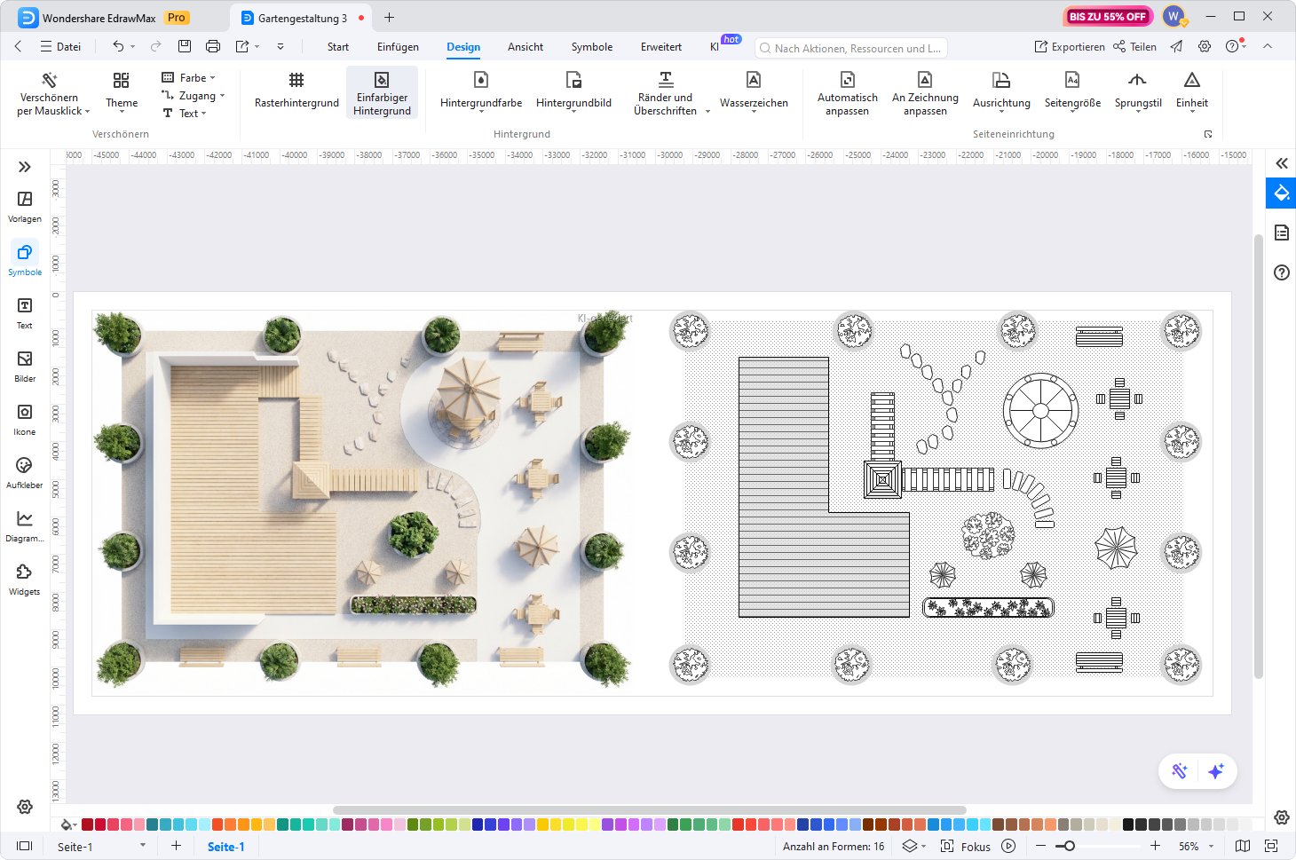 Vergleich zwischen 2D Gartenplan und 3D Gartenvorschau in EdrawMax