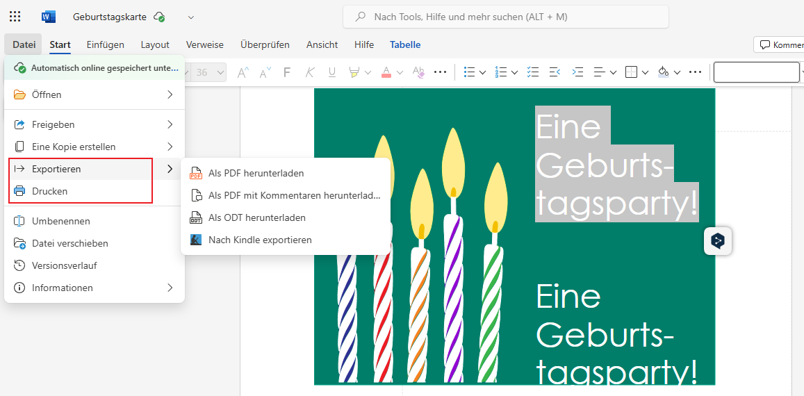 Geburtstagskarte Vorlage Word exportieren