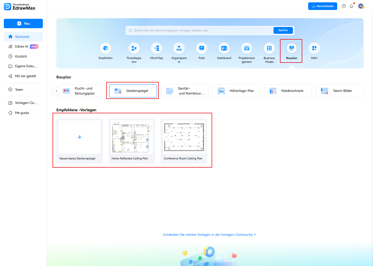 Schritt 2: Kategorie Gebäudeplan → Deckenspiegelplan wählen