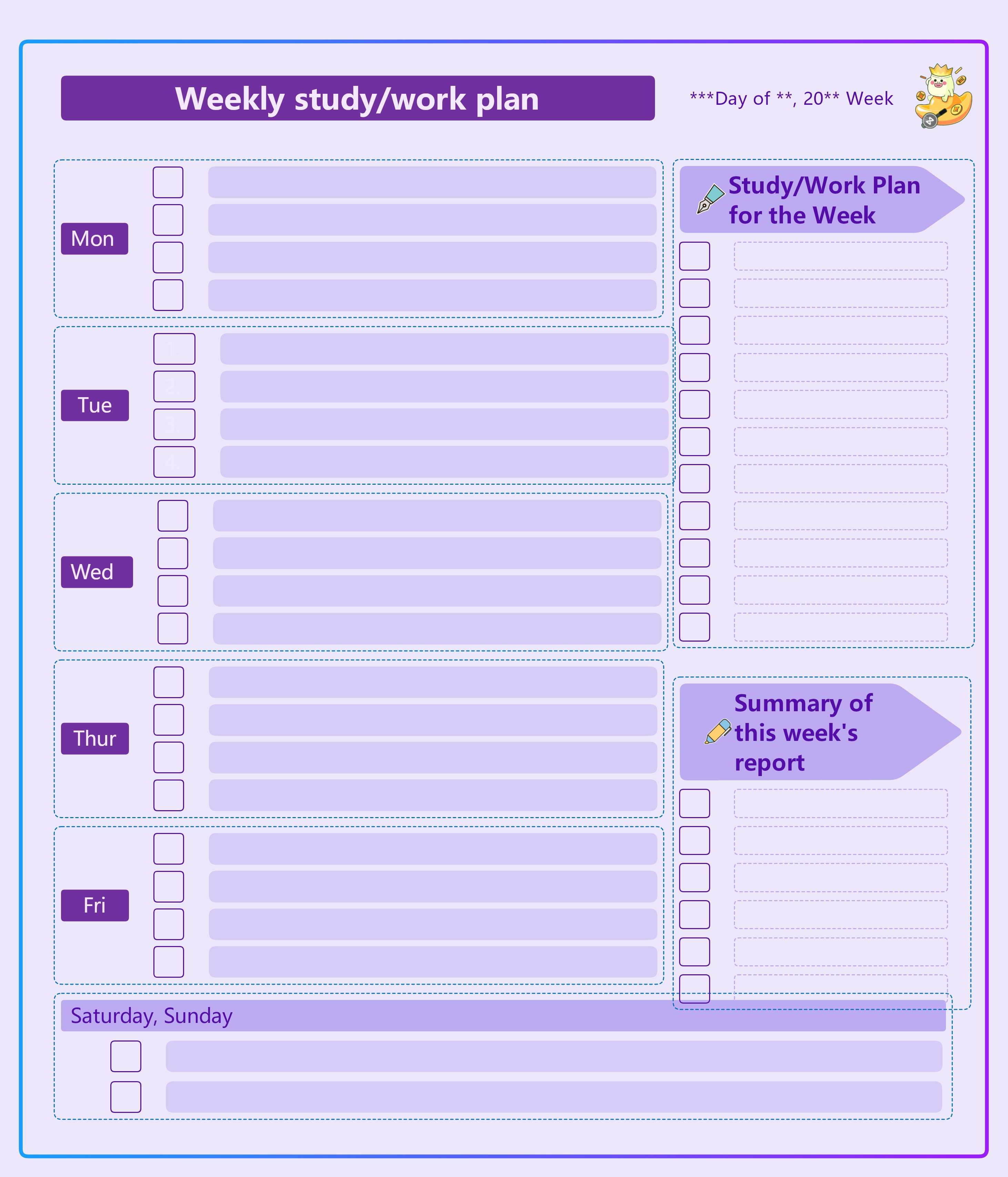 Wöchentlicher Lern und Arbeitsplan