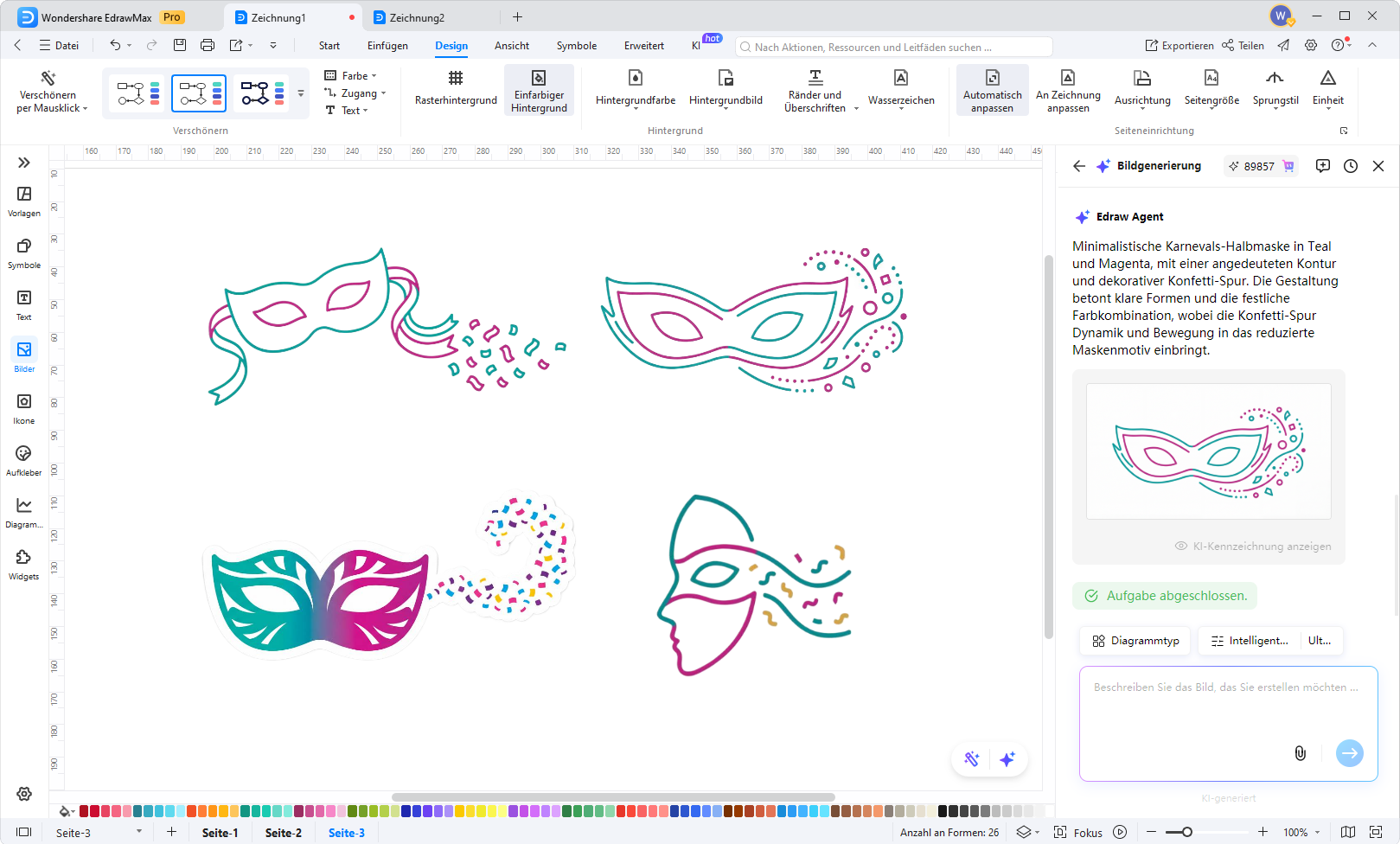 Mehrere AI-Varianten von Karnevalsmasken im konsistenten Linien- und Farblook
