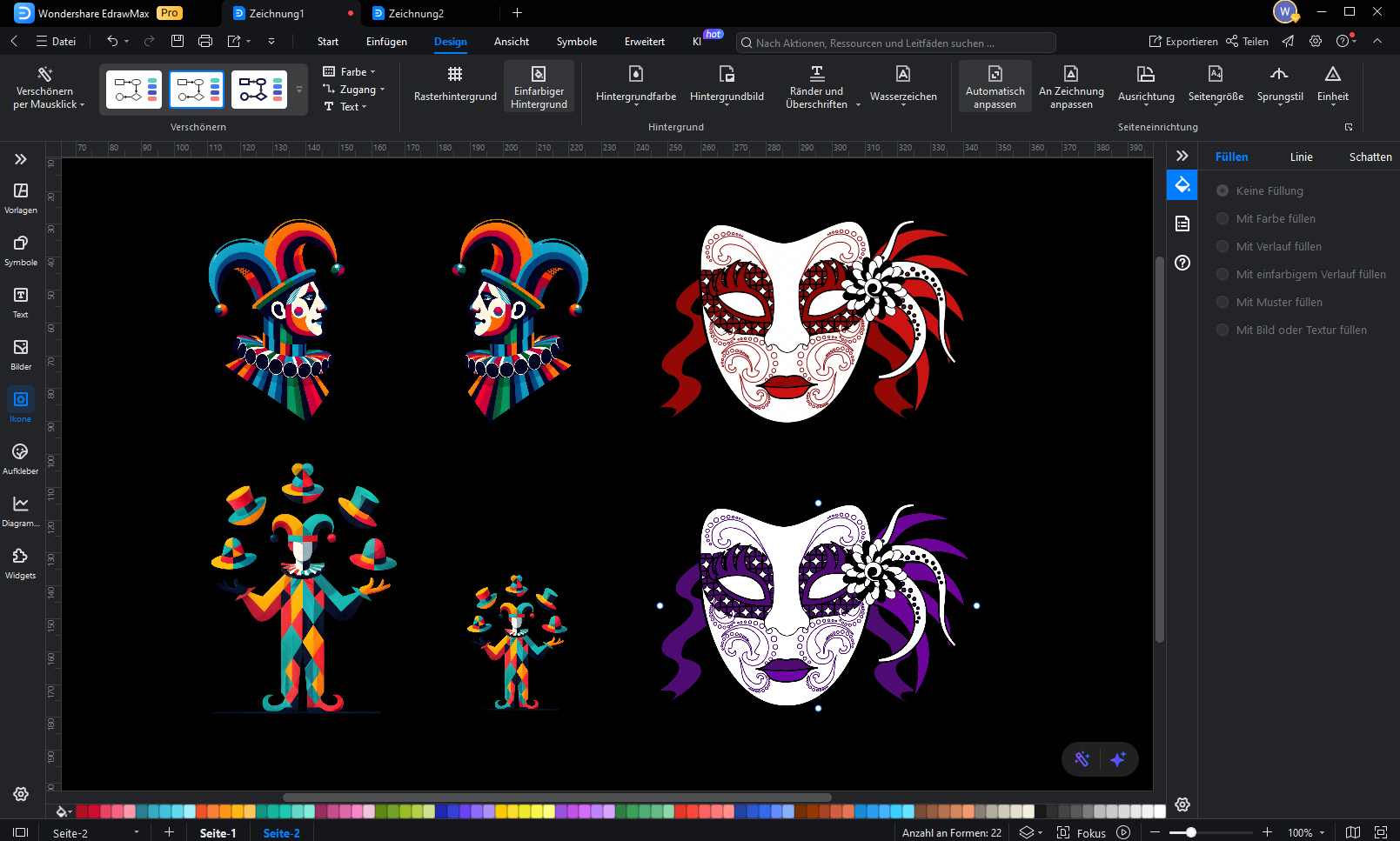 Leuchtende Masken- und Narrenmotive für Karten für Karneval in EdrawMax (dunkler Look)