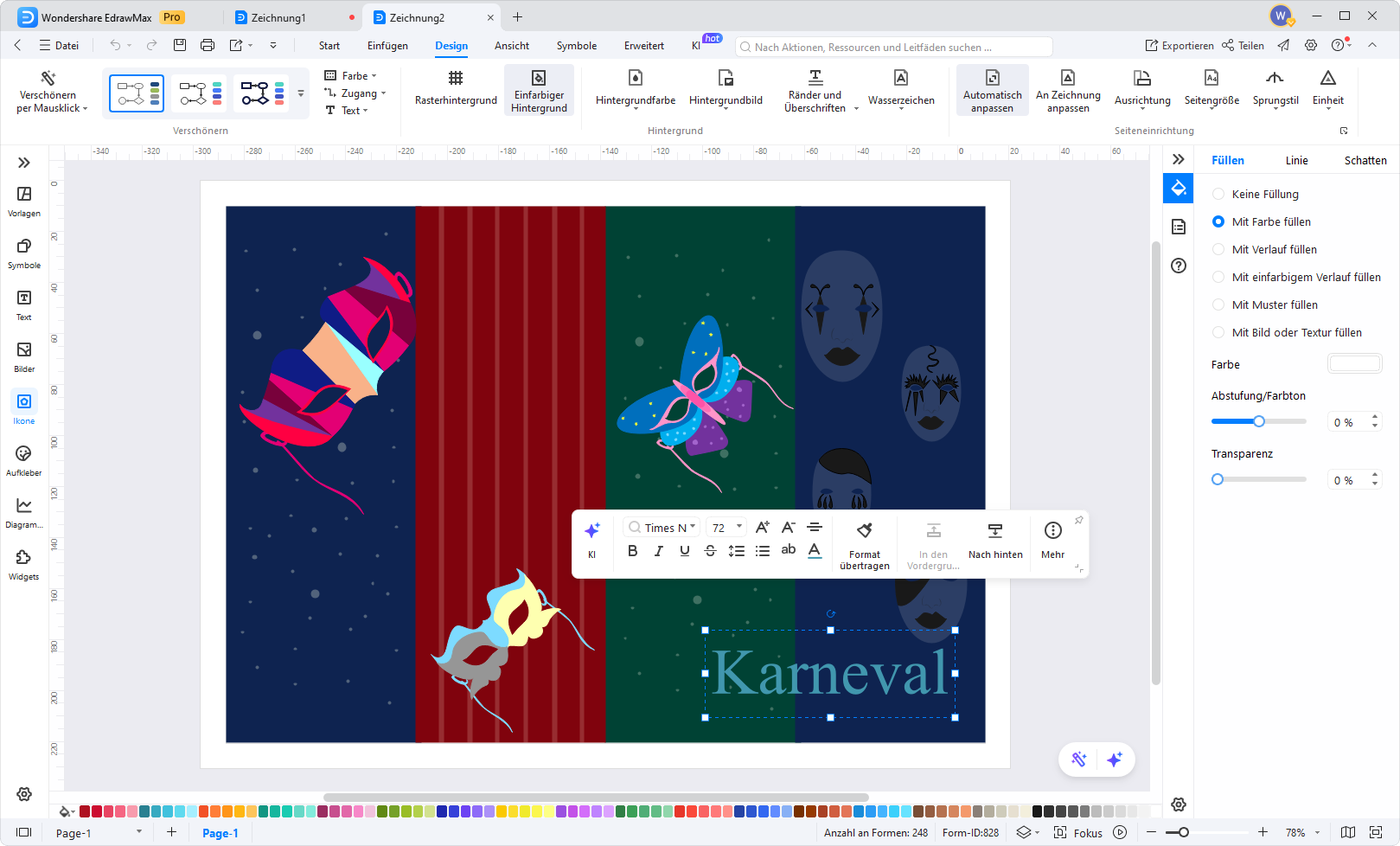 Karten für Karneval: Layout mit Farbflächen, Maskenmotiven und Titeltypografie in EdrawMax