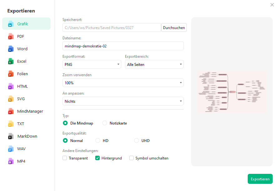 Demokratie Mindmap teilen oder exportieren