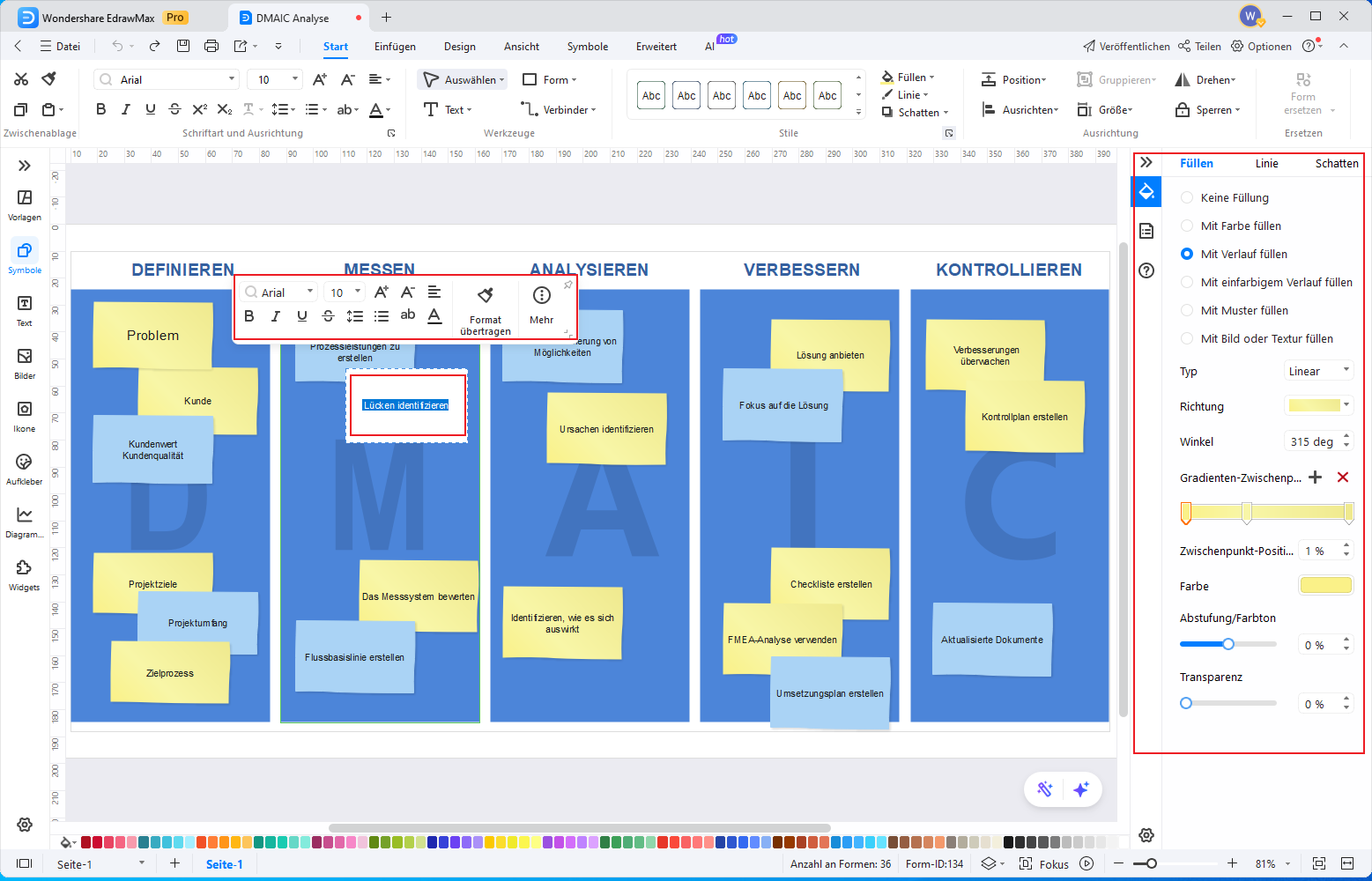 dmaic vorlagentext bearbeiten