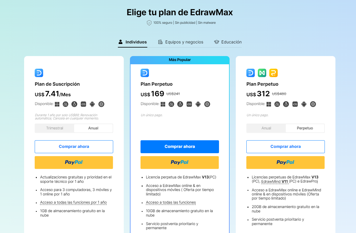 planes de precios individuales de edrawmax