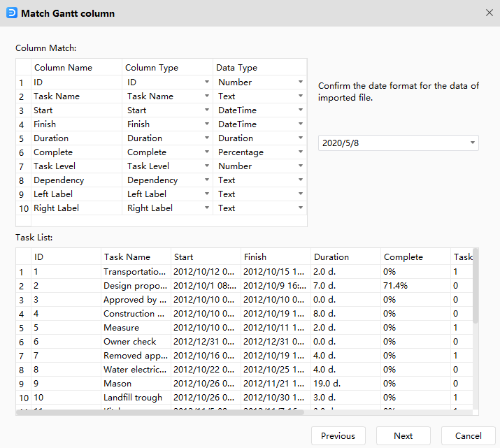 assistente de importação de dados gantt