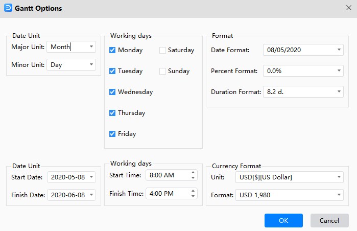 janela de opções de gantt