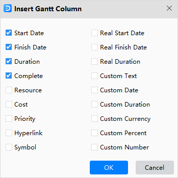 inserir janela de coluna de gantt