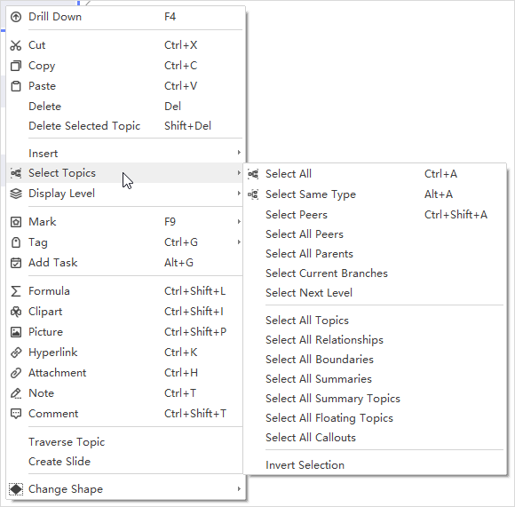 select topics contextual menu