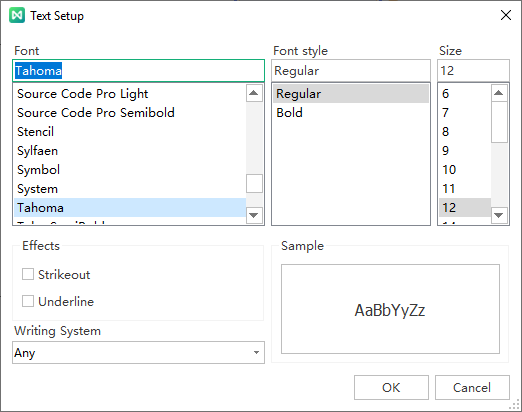 text setup window