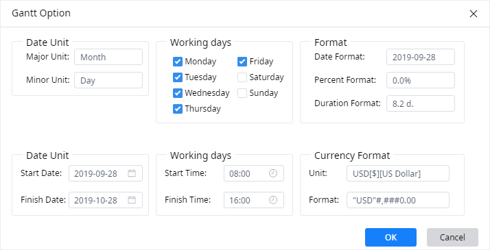 gantt option window