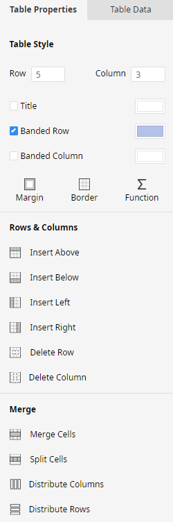 table properties pane