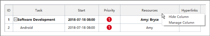 manage column on context menu