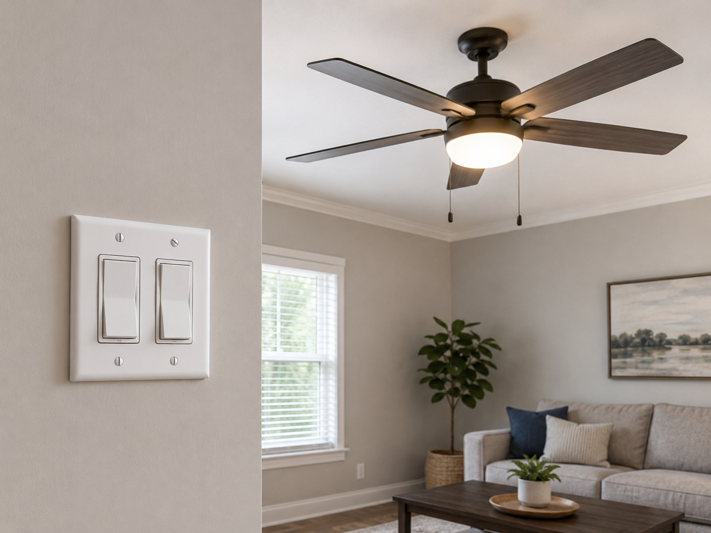 vista del ventilatore da soffitto a due interruttori usata come riferimento visivo per il collegamento