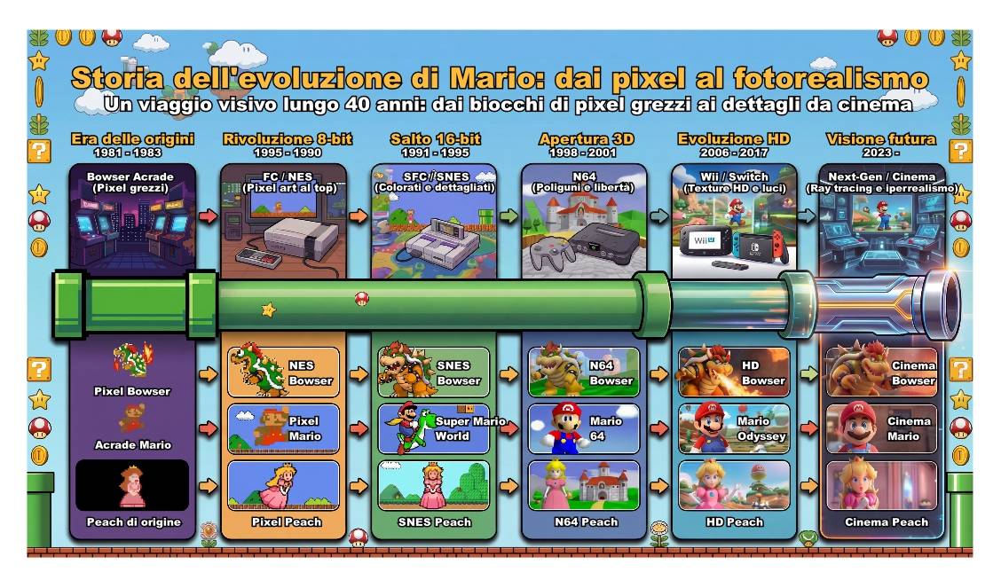 evoluzione di mario-grafica 2d 3d shader illuminazione