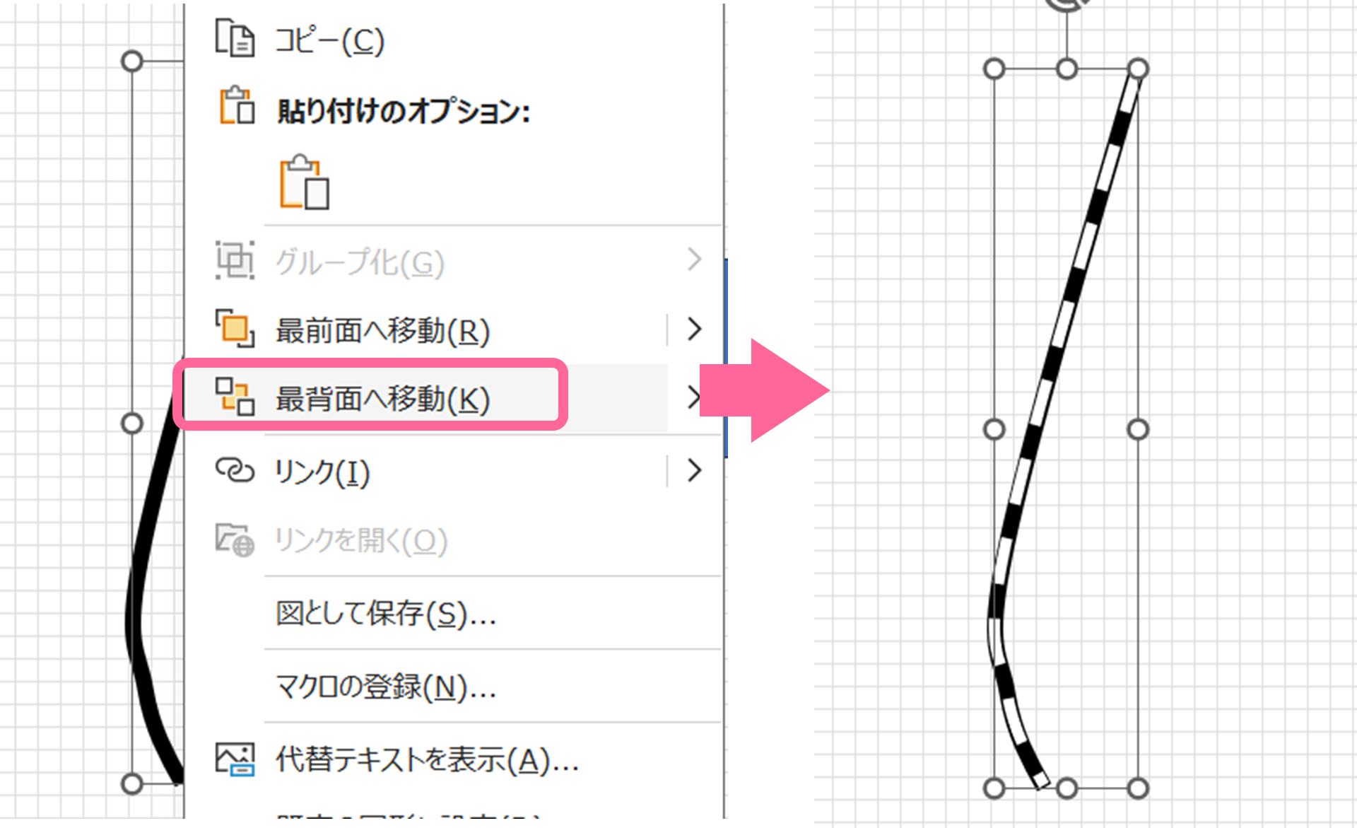 図形同士の重なり:「（最）前面/（最）背面へ移動」を使用する