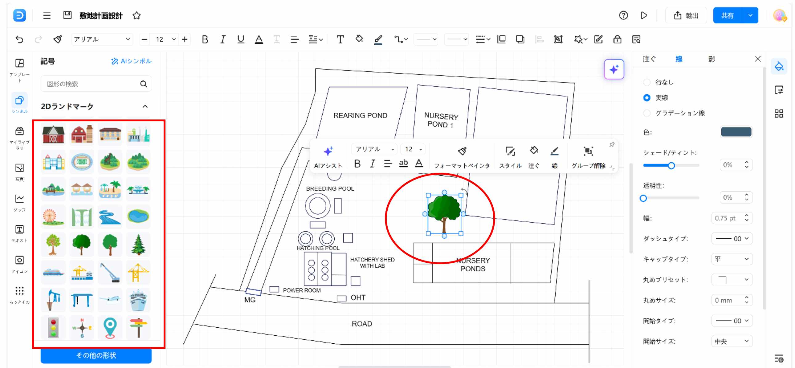 敷地図でも使用できる植栽や施設のランドマークが多く登録されている