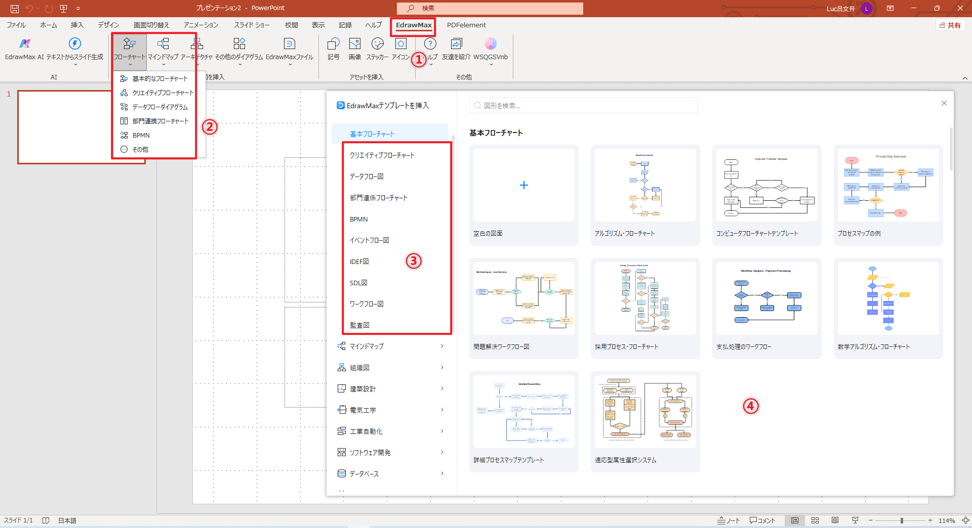 PowerPointを開き、【EdrawMax】タブをクリックする