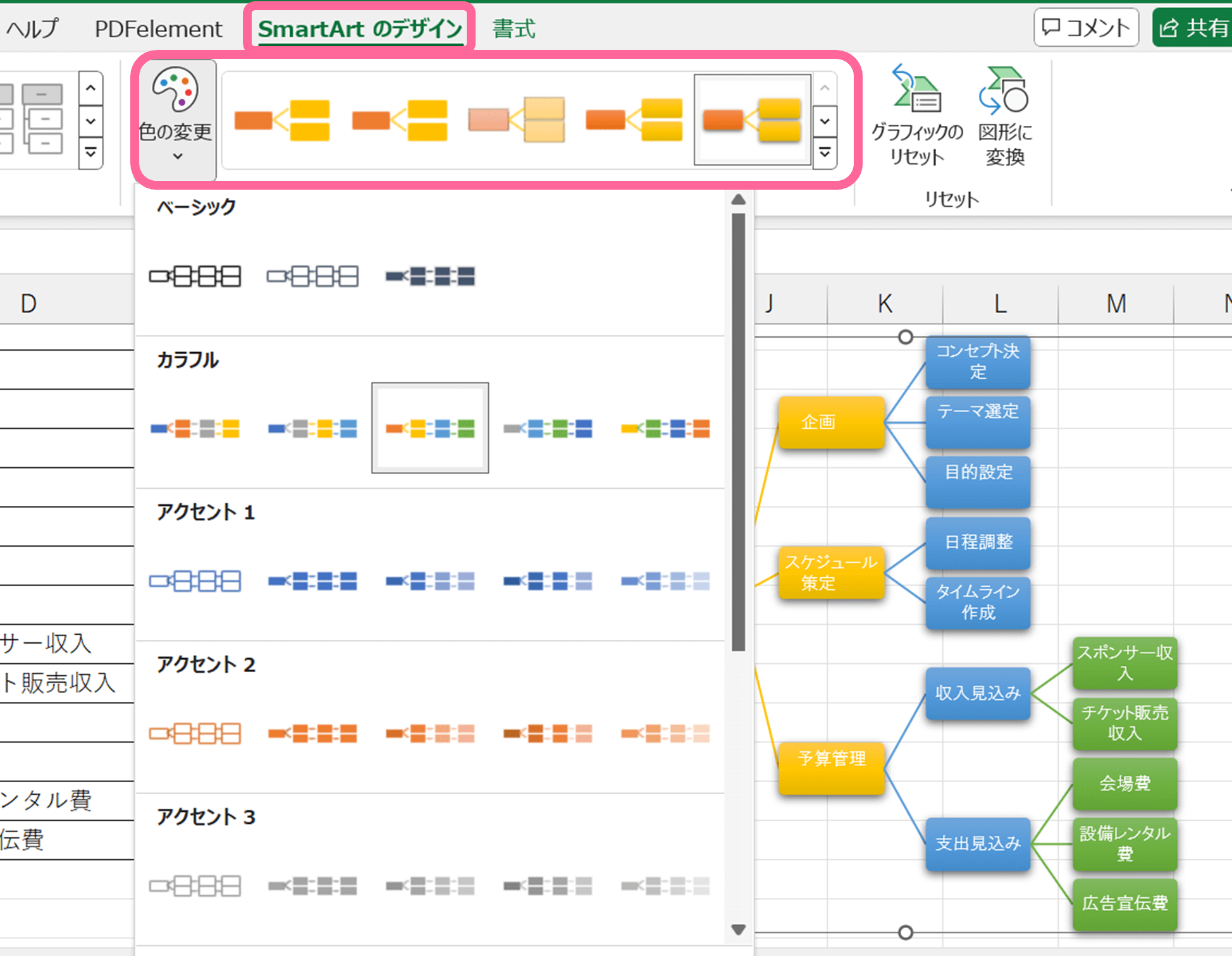 SmartArtのスタイル・色を変更する