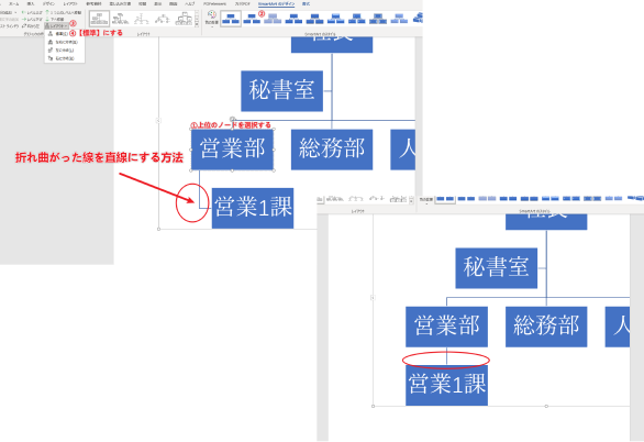 ワードで組織図の線をまっすぐにする方法