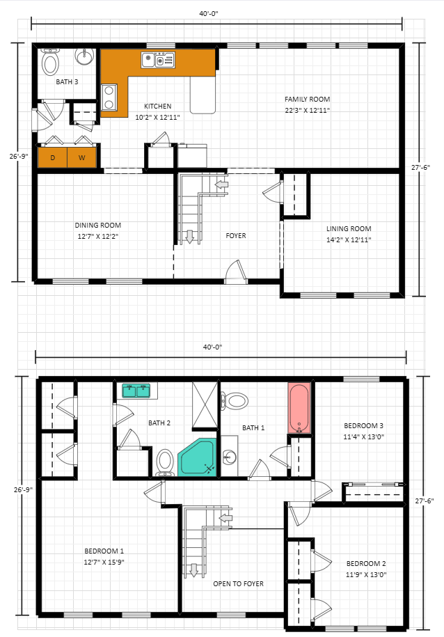 넓은 구조의 2층 주택 평면도